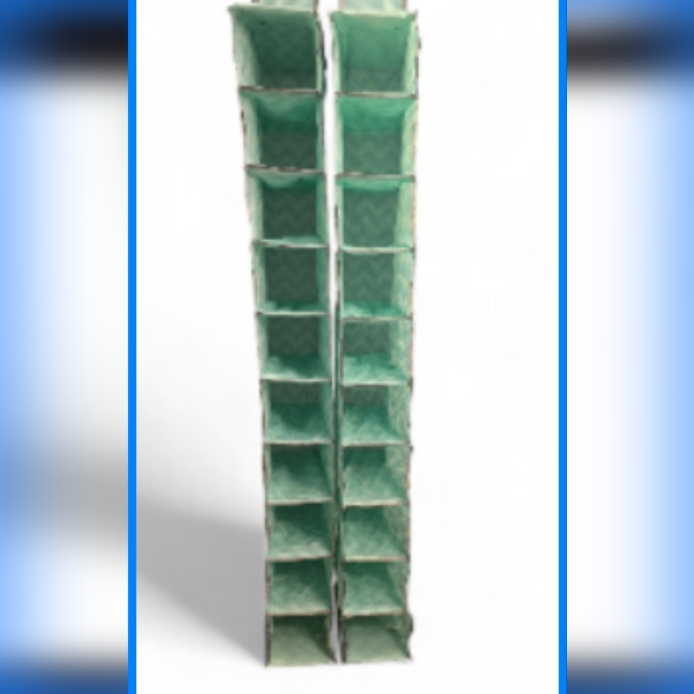 2 Shoe Organizers. Each holds 10 pairs of shoes. Teal and gray